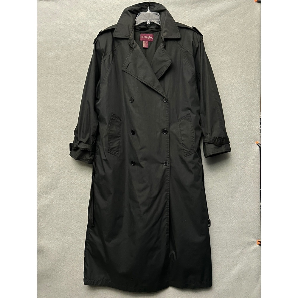 CC Hughes Womens Large Trench Coat Black Double Breasted Belted Maxi Vintage